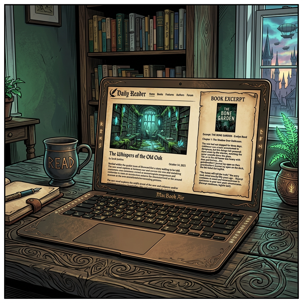 Laptop screen showing a book review article titled 'The Whispers of the Old Oak' with an image of a library and a book excerpt from 'The Bone Garden'